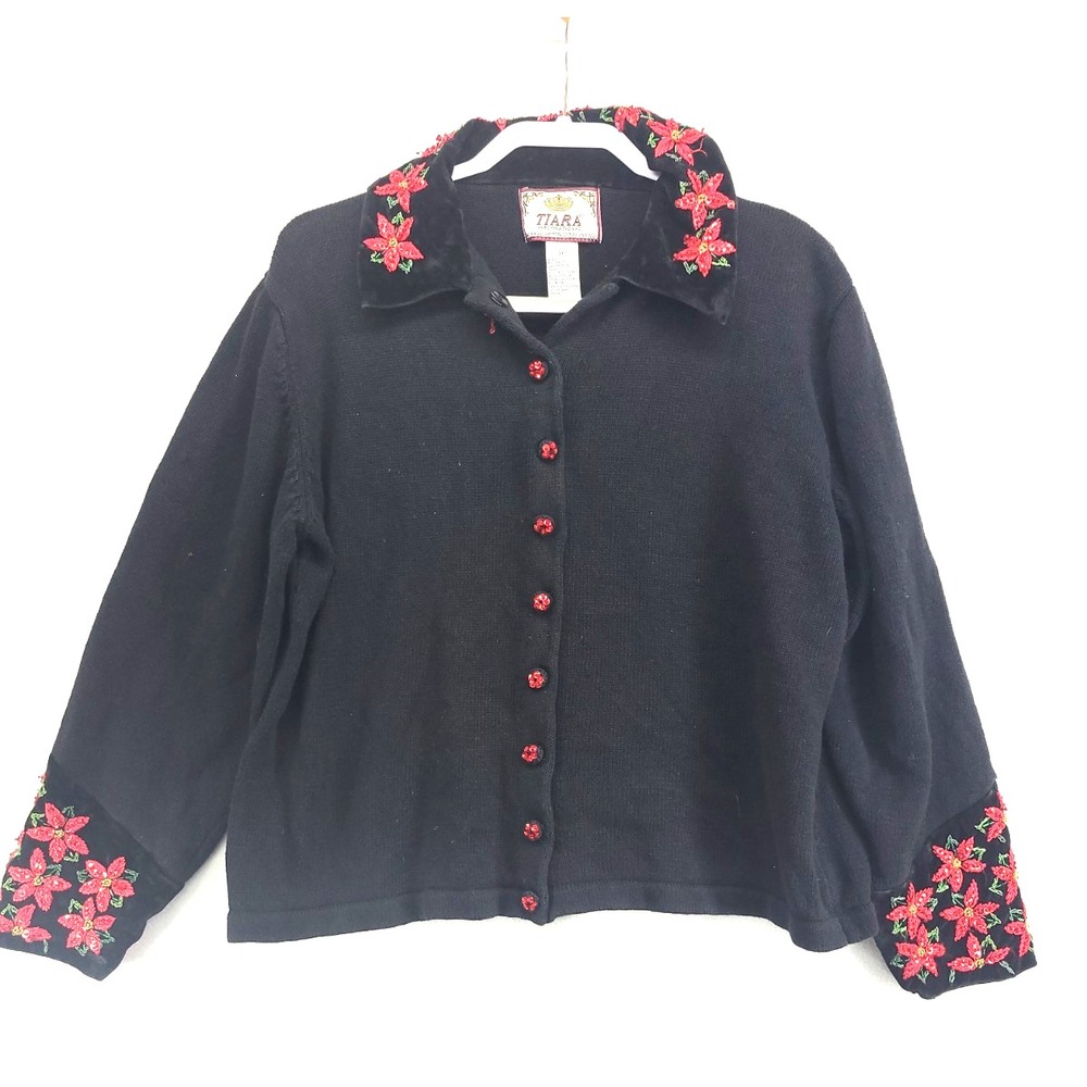 Vtg Tiara International Cardigan Sweater Women Size XL Poinsettia Velvet Trim